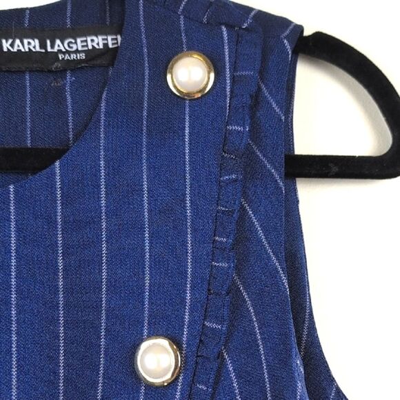Karl Lagerfeld Paris Navy Pinstripe Sheath Dress  Gold Pearl Buttons Old Money - Picture 4 of 9